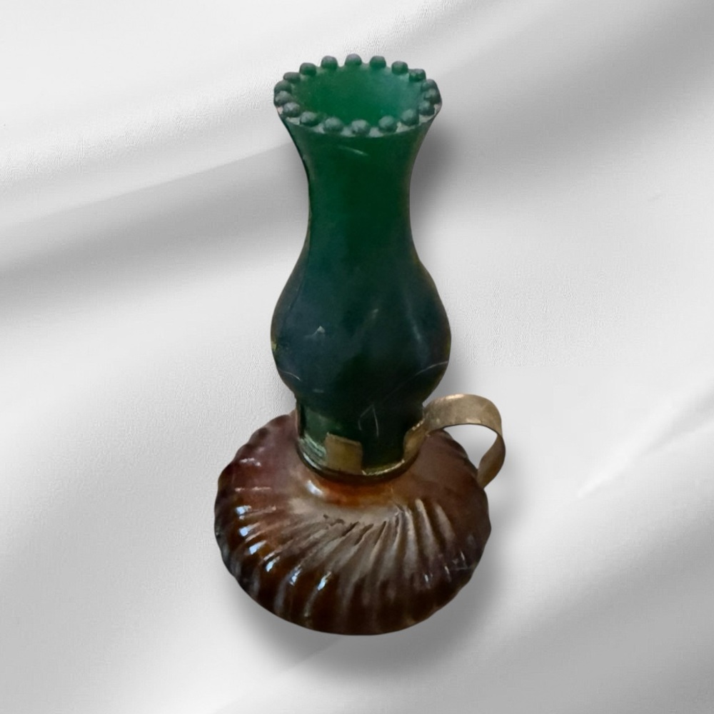 Vintage Miniature Oil Lamp Cologne Bottle 2.5” Tall, Green, Brown